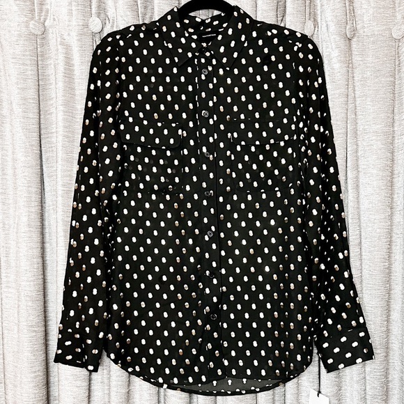NWT Who What Wear Black Button Down Shirt with Gold & White Polka Dots Medium - Picture 1 of 14